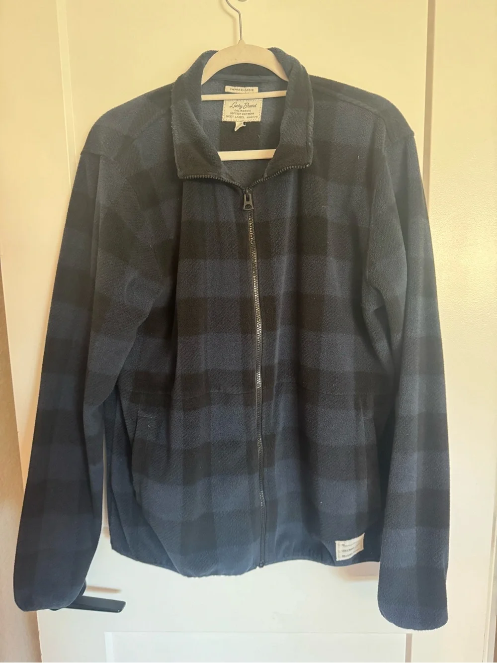 Lucky Brand Men’s Navy and Black Plaid Full-Zip Fleece Jacket